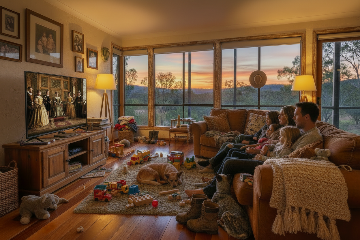 Family watching Tudor period drama in outback homestead